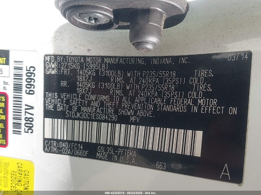 2014 Toyota Sienna Le 7 Passenger VIN: 5TDJK3DC1ES084290 Lot: 42325215