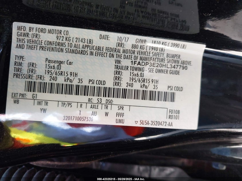 2017 FORD FOCUS S - 1FADP3E20HL347790