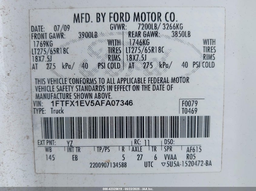 2010 FORD F-150 VIN: 1FTFX1EV5AFA07346