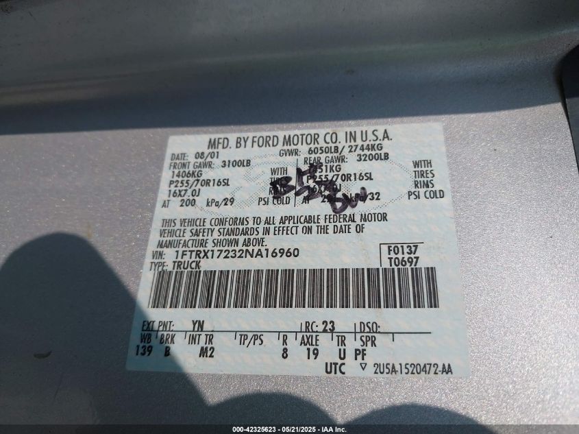 2002 Ford F-150 Xl/Xlt VIN: 1FTRX17232NA16960 Lot: 42325623