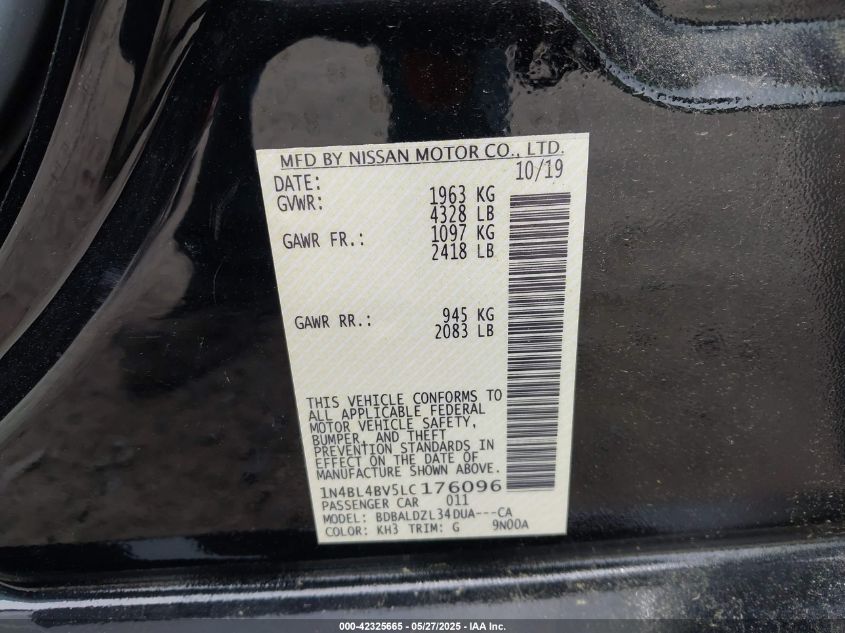 2020 Nissan Altima S Fwd VIN: 1N4BL4BV5LC176096 Lot: 42325665