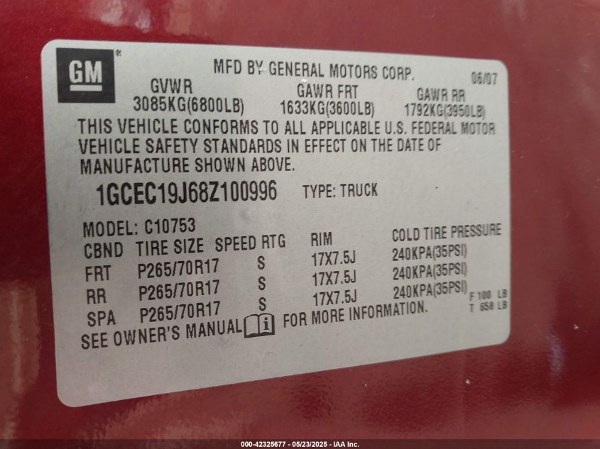 2008 Chevrolet Silverado 1500 Lt1 VIN: 1GCEC19J68Z100996 Lot: 42325677