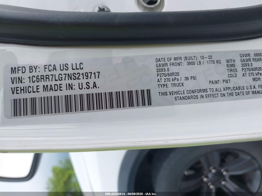 2022 RAM 1500 CLASSIC VIN: 1C6RR7LG7NS219717