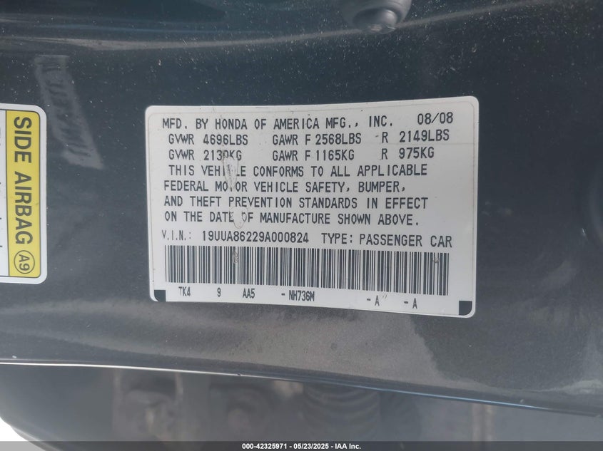 2009 ACURA TL VIN: 19UUA86229A000824