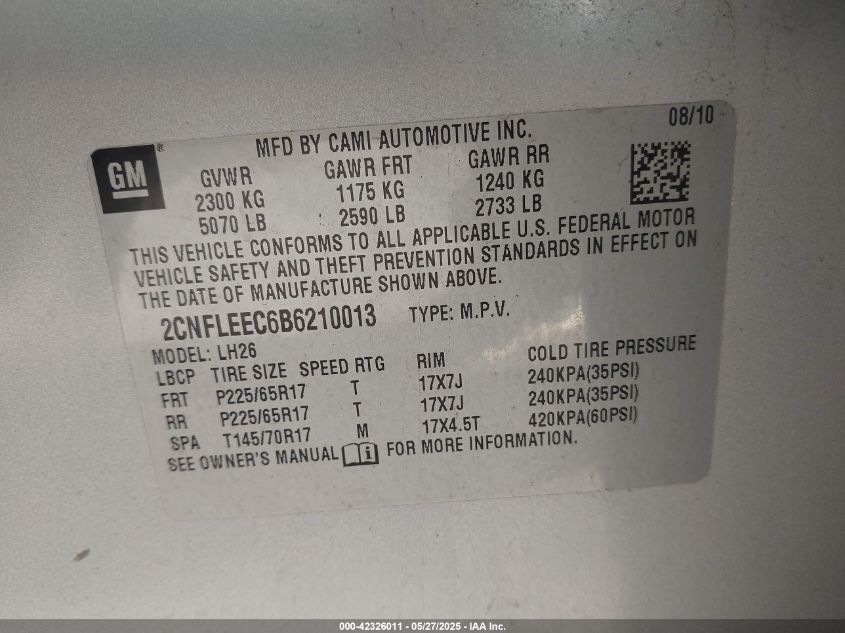 2011 Chevrolet Equinox 1Lt VIN: 2CNFLEEC6B6210013 Lot: 42326011