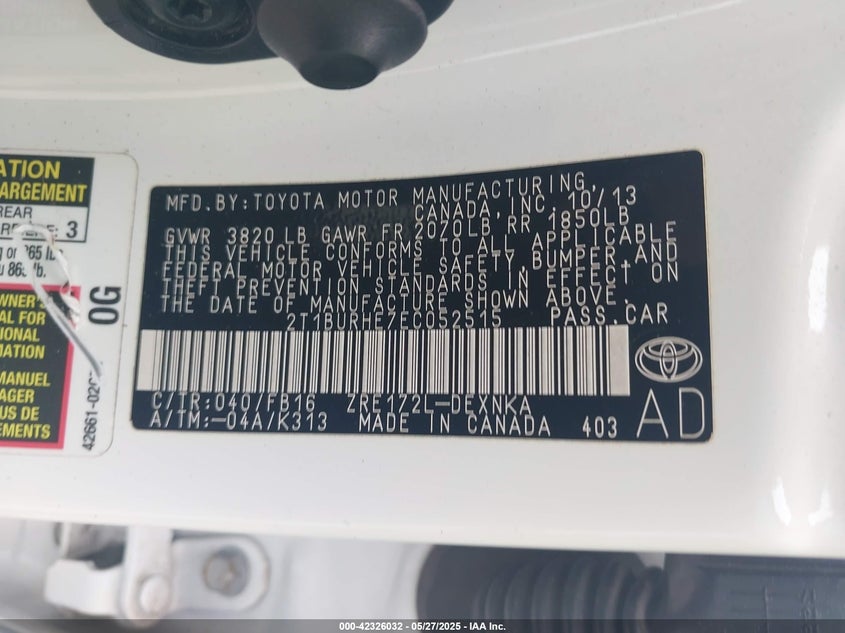 2014 TOYOTA COROLLA VIN: 2T1BURHE7EC052515
