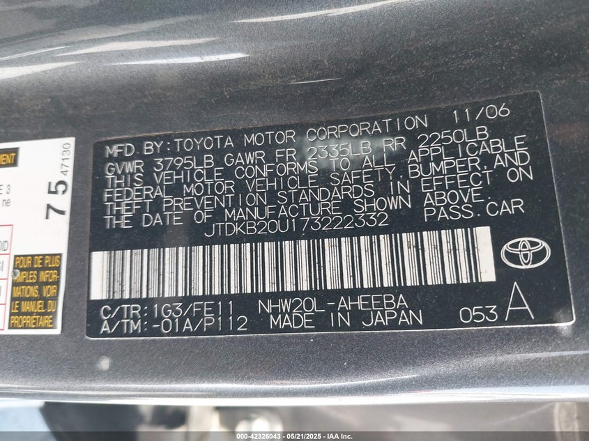 2007 TOYOTA PRIUS VIN: JTDKB20U173222332