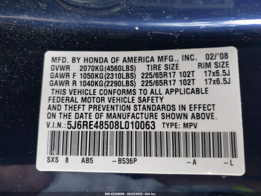 2008 Honda Cr-V Ex VIN: 5J6RE48508L010063 Lot: 42326056