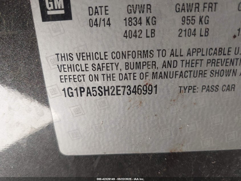 2014 CHEVROLET CRUZE VIN: 1G1PA5SH2E7346991