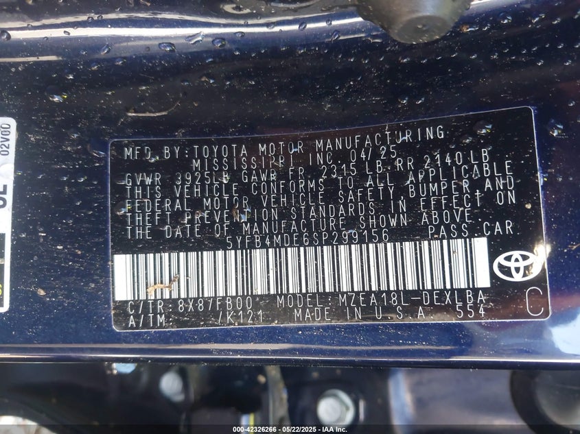 2025 TOYOTA COROLLA LE - 5YFB4MDE6SP299156