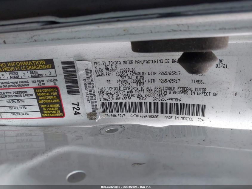 2021 Toyota Tacoma Trd Sport VIN: 3TMAZ5CN1MM145520 Lot: 42326395