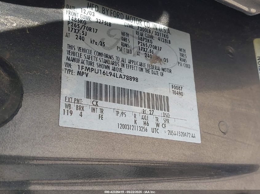 2004 Ford Expedition Nbx/Xlt VIN: 1FMPU16L94LA78898 Lot: 42326419