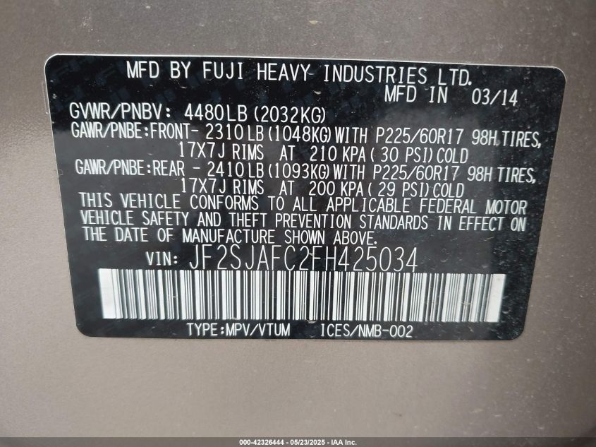 2015 Subaru Forester 2.5I Premium VIN: JF2SJAFC2FH425034 Lot: 42326444