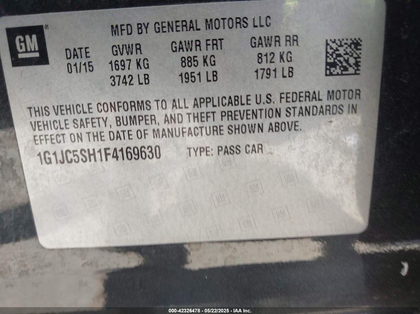2015 CHEVROLET SONIC VIN: 1G1JC5SH1F4169630