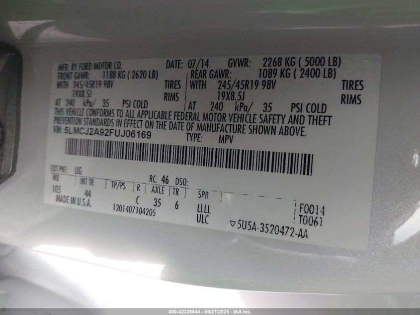 2015 LINCOLN MKC VIN: 5LMCJ2A92FUJ06169