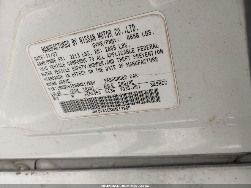 2008 Infiniti G35 Journey VIN: JNKBV61E88M212980 Lot: 42326547