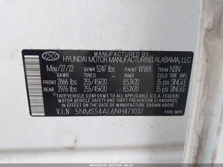 2022 HYUNDAI SANTA FE VIN: 5NMS54AL6NH471037