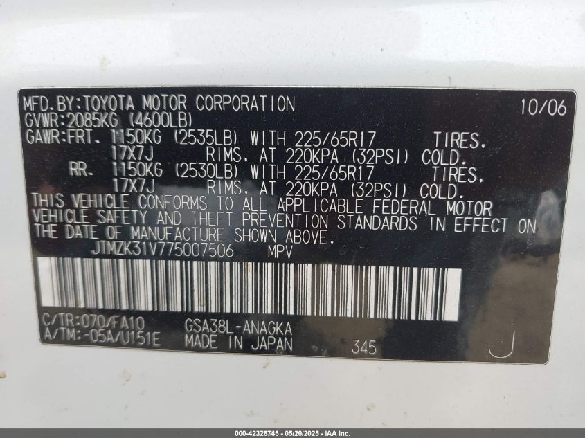 2007 Toyota Rav4 Limited V6 VIN: JTMZK31V775007506 Lot: 42326745