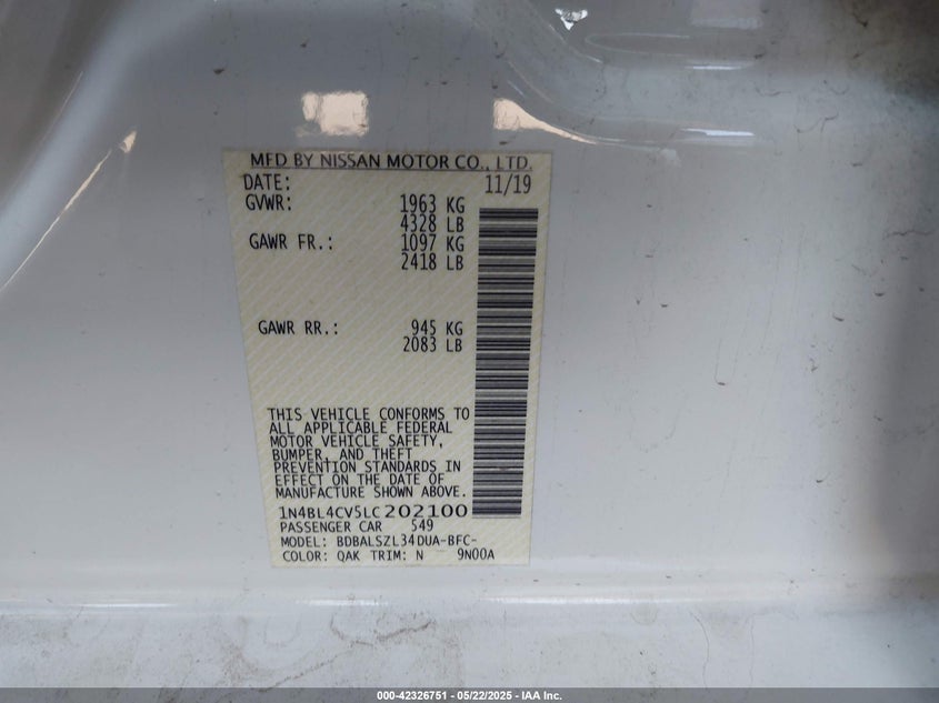 VIN 1N4BL4CV5LC202100 2020 NISSAN ALTIMA SR FWD