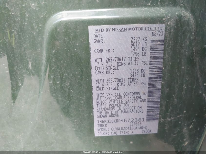 2023 Nissan Frontier Pro-4X 4X4 VIN: 1N6ED1EK8PN672361 Lot: 42326760