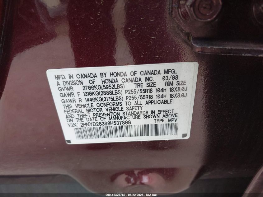2008 Acura Mdx Technology Package VIN: 2HNYD28398H537808 Lot: 42326769
