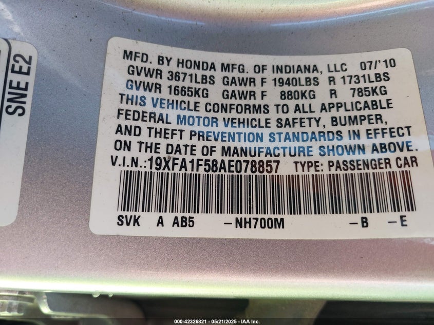 2010 HONDA CIVIC VIN: 19XFA1F58AE078857
