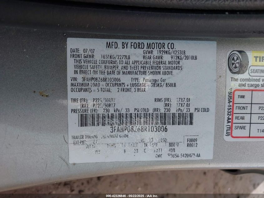 2008 Ford Fusion Sel VIN: 3FAHP08Z68R103006 Lot: 42326846