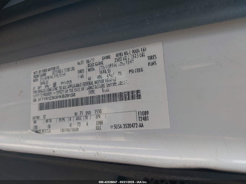 2017 FORD TRANSIT-250 VIN: 1FTYR1ZM3HKB29158