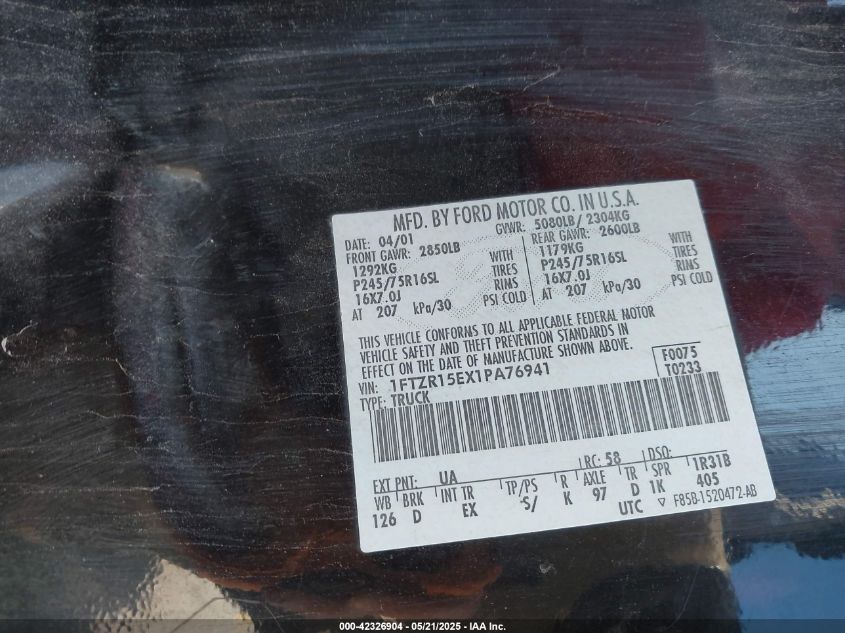 2001 Ford Ranger Edge/Xlt VIN: 1FTZR15EX1TA76941 Lot: 42326904