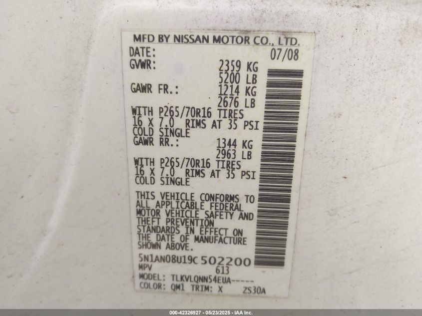 2009 Nissan Xterra VIN: 5N1ANDBU19C502200 Lot: 42326927