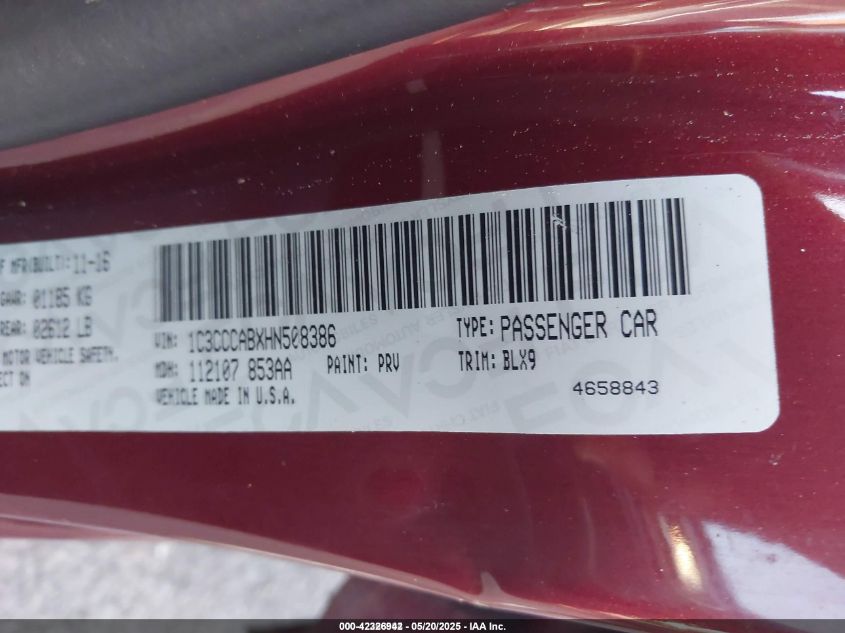 2017 Chrysler 200 Limited Platinum VIN: 1C3CCCABXHN508386 Lot: 42326942