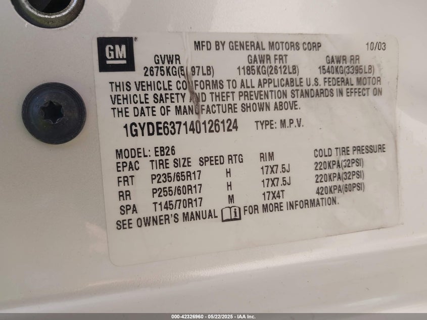 2004 Cadillac Srx Standard VIN: 1GYDE637140126124 Lot: 42326960