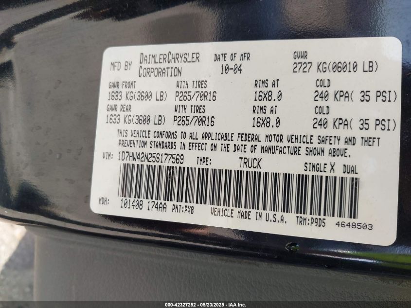 2005 Dodge Dakota Slt VIN: 1D7HW42N25S177569 Lot: 42327252