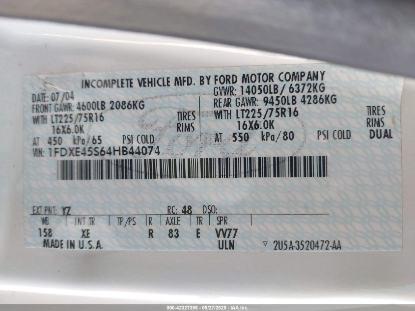 2004 Ford E-450 Cutaway Standard VIN: 1FDXE45S64HB44074 Lot: 42327356