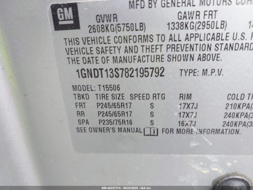 2008 Chevrolet Trailblazer Lt VIN: 1GNDT13S782195792 Lot: 42327374