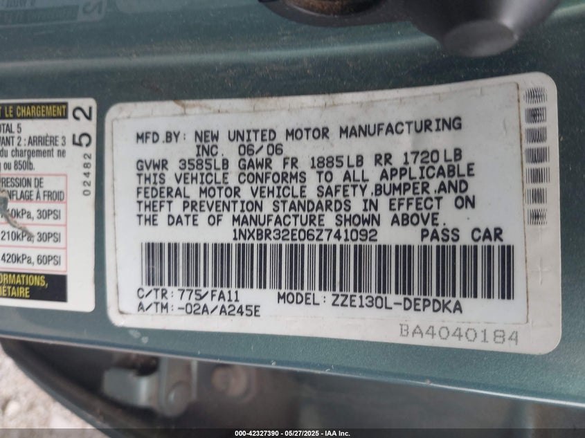 2006 Toyota Corolla Ce VIN: 1NXBR32E06Z741092 Lot: 42327390