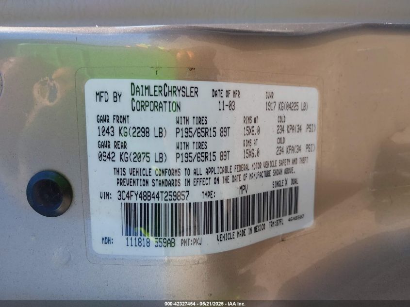2004 Chrysler Pt Cruiser VIN: 3C4FY48B44T259857 Lot: 42327454