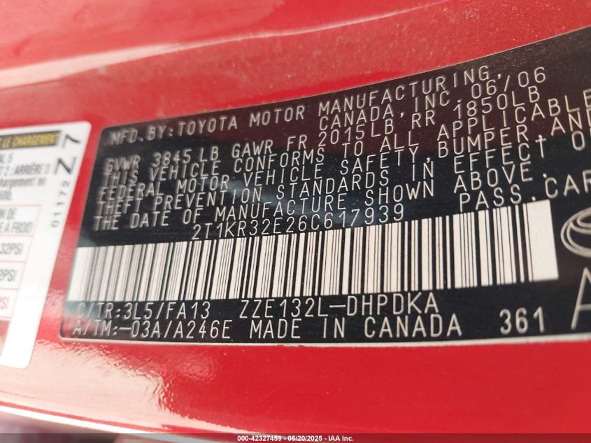 2006 Toyota Matrix Xr VIN: 2T1KR32E26C617939 Lot: 42327459