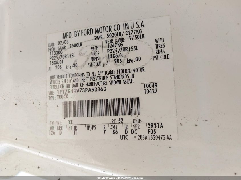 2003 Ford Ranger VIN: 1FTZR44V73PA93363 Lot: 42327476