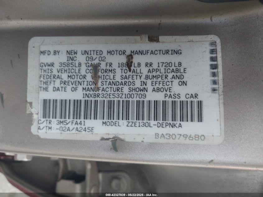 2003 Toyota Corolla Ce/Le/S VIN: 1NXBR32E53Z100709 Lot: 42327839