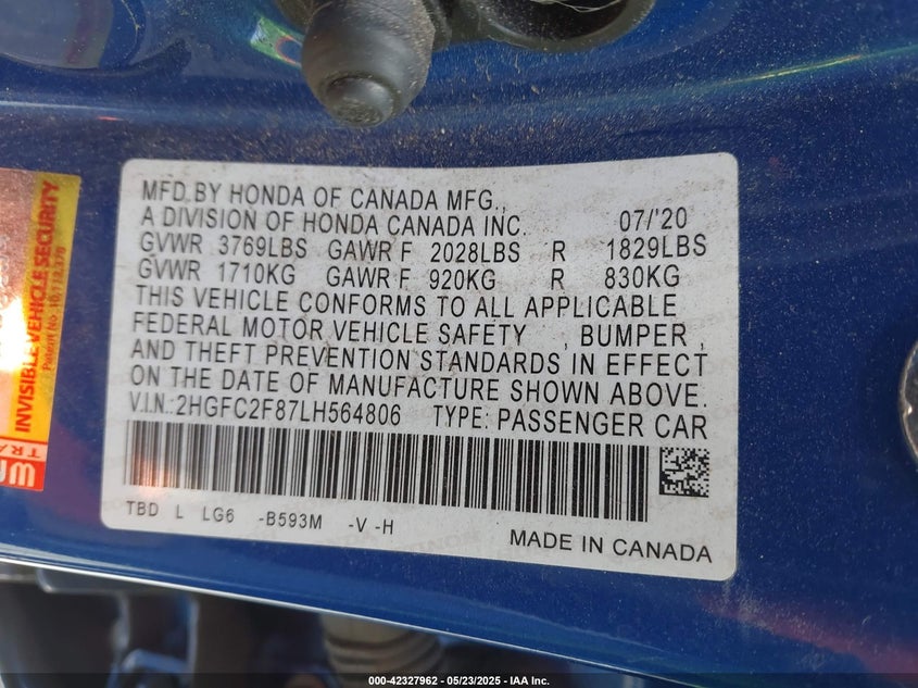 2020 HONDA CIVIC VIN: 2HGFC2F87LH564806