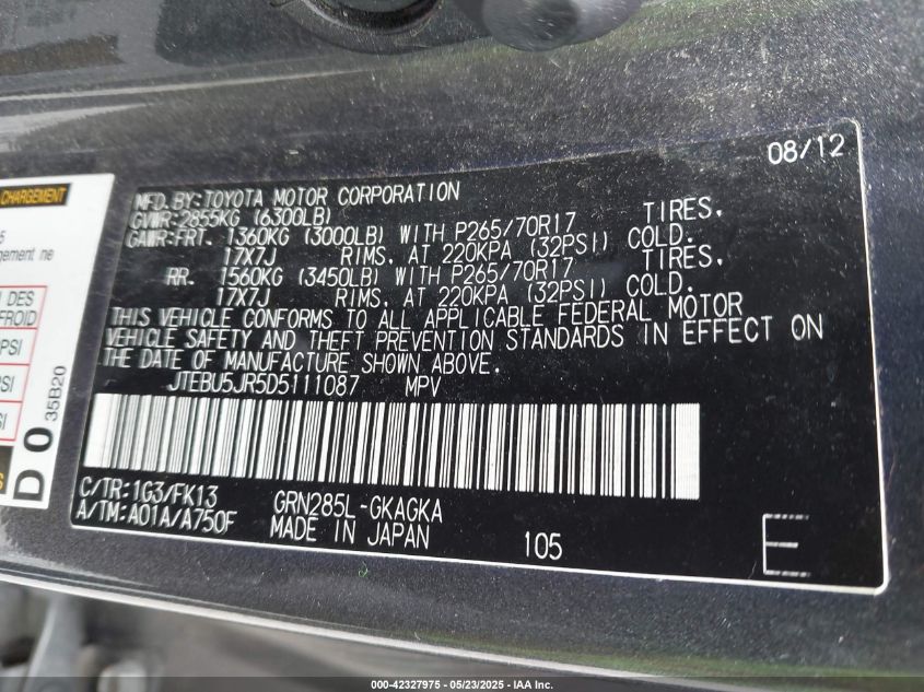 2013 Toyota 4Runner Limited/Sr5/Trail VIN: JTEBU5JR5D5111087 Lot: 42327975