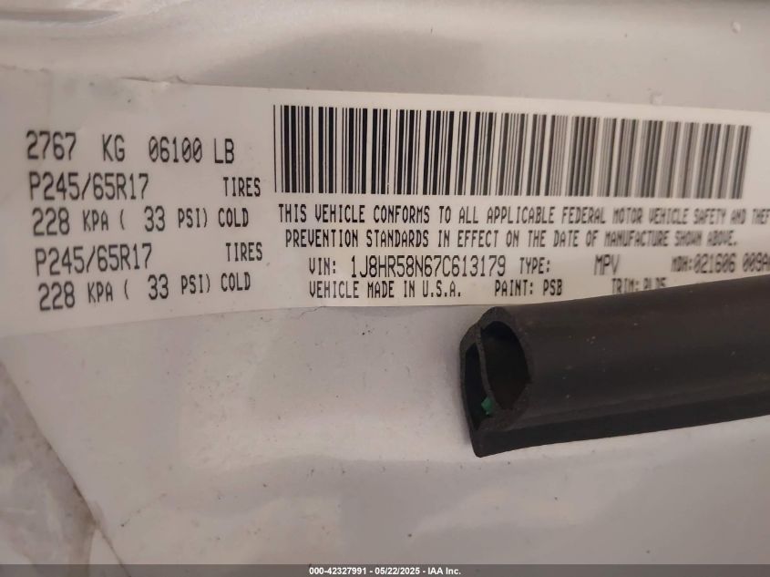 2007 Jeep Grand Cherokee Limited VIN: 1J8HR58N67C613179 Lot: 42327991