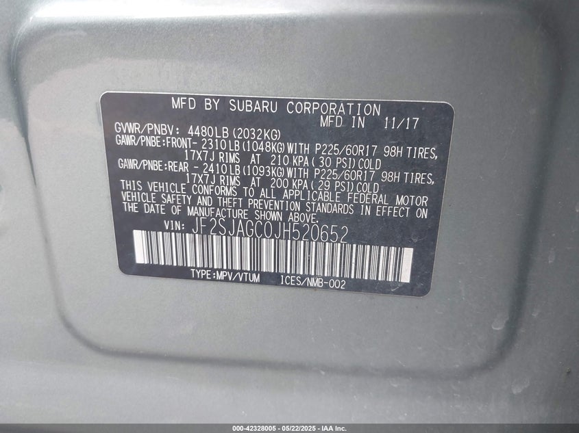 2018 SUBARU FORESTER 2.5I PREMIUM JF2SJAGC0JH520652