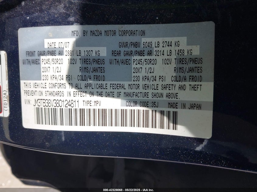 2008 MAZDA CX-9 VIN: JM3TB38V380124811