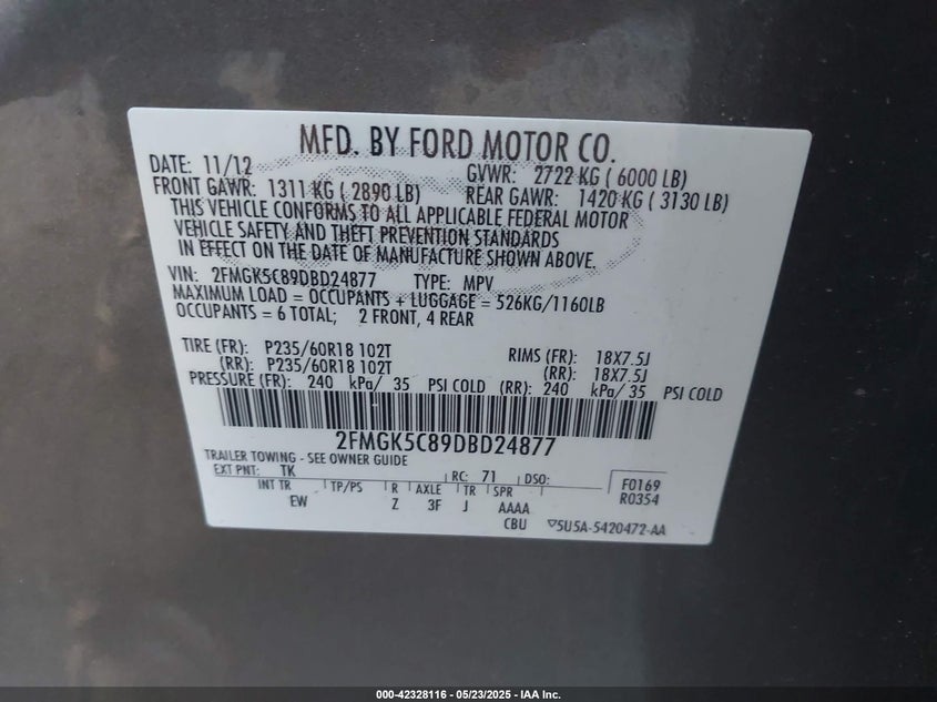 2013 FORD FLEX VIN: 2FMGK5C89DBD24877