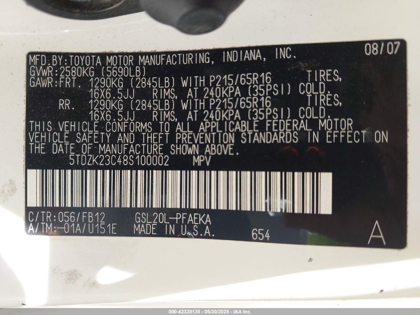 2008 Toyota Sienna Ce/Le VIN: 5TDZK23C48S1000 Lot: 42328135