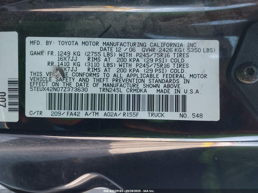 2007 TOYOTA TACOMA VIN: 5TEUX42N07Z373630