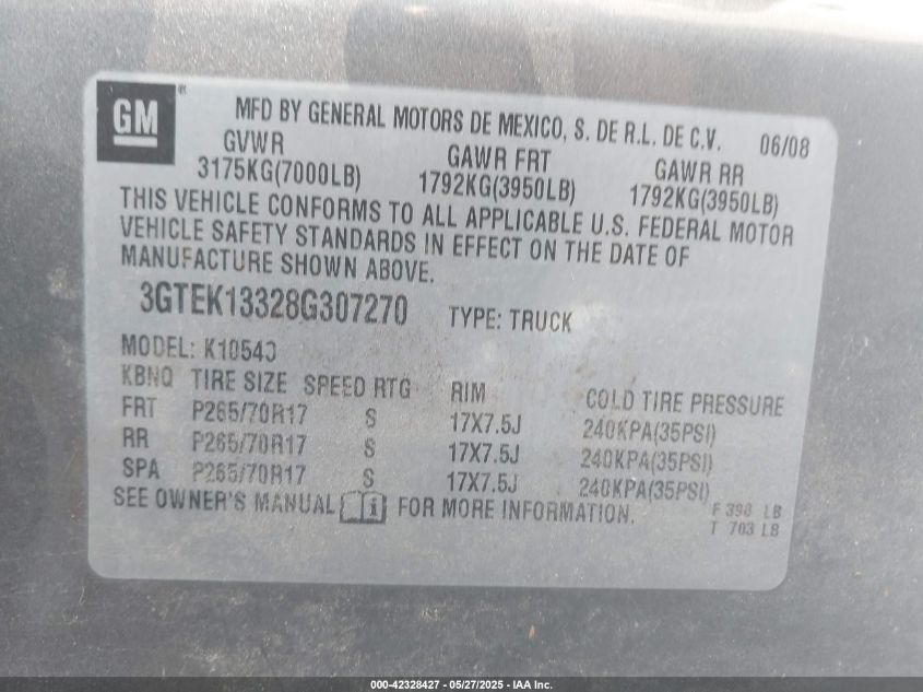 2008 GMC Sierra 1500 Sle1 VIN: 3GTEK13328G307270 Lot: 42328427