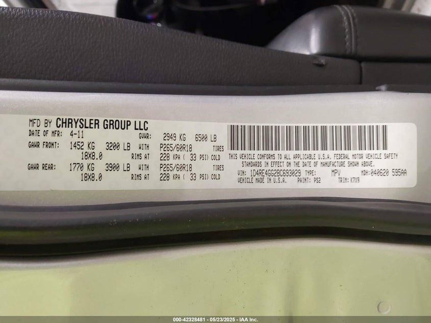 2011 DODGE DURANGO VIN: 1D4RE4GG2BC693029